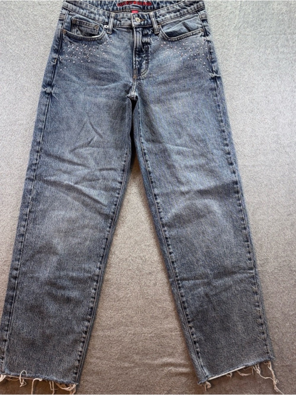 Lucky Brand The Baggy Jeans Womens 4/27 R Raw Hem Rhinestone Wide Leg